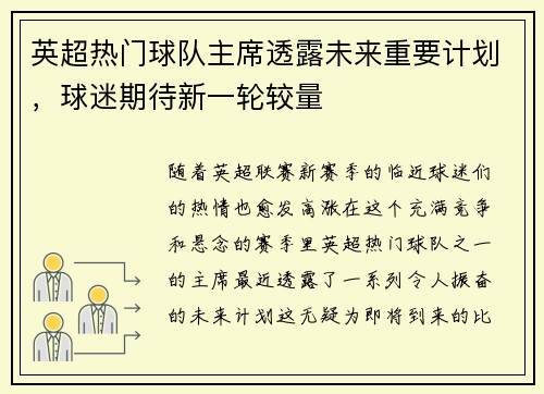 英超热门球队主席透露未来重要计划，球迷期待新一轮较量
