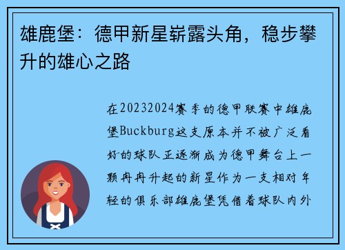 雄鹿堡：德甲新星崭露头角，稳步攀升的雄心之路